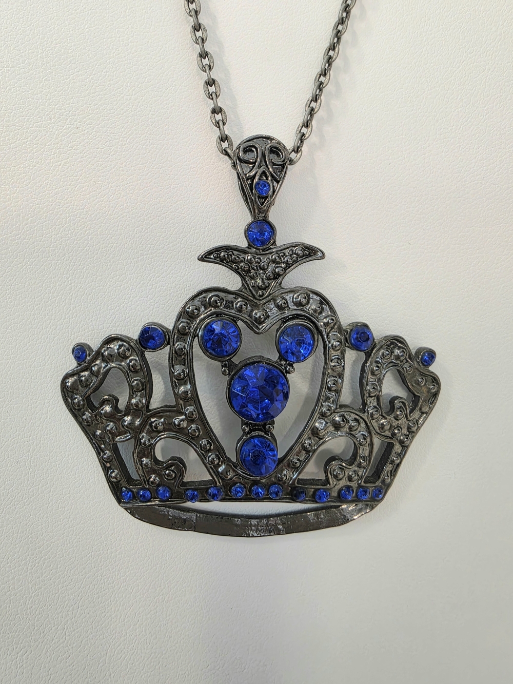 Crown Necklace Royal Blue Crystal Rhinestones Gunmetal Tone Sz 18"